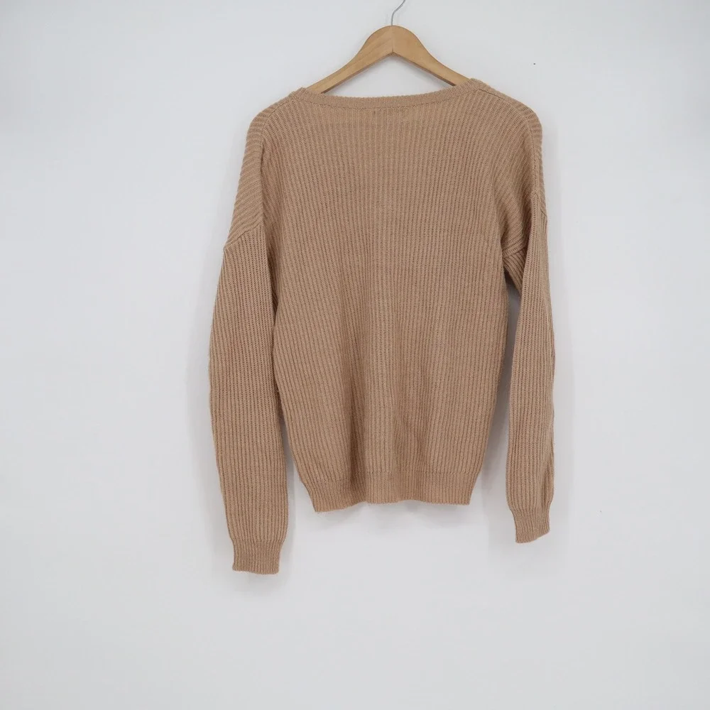 Poof Apparel Womens V-Neck Ribbed Knit Sweater Camel Tan Size M